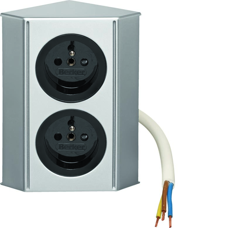 Berker Integro Twin-Box (Galvanisé, chrome mat) - 2 prises à broche de terre (Noir mat) - UE=24