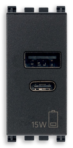 [VI19292.AC15AB] Vimar Arké - USB A+C Voedingsunit 1M 15W 5V - antibacterieel (grijs)